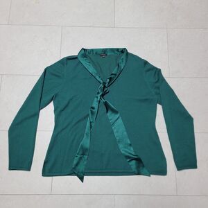 J. Peterman Emerald Green Wool Sweater Silk Ribbon Tie Bow V Neck Women Size XL